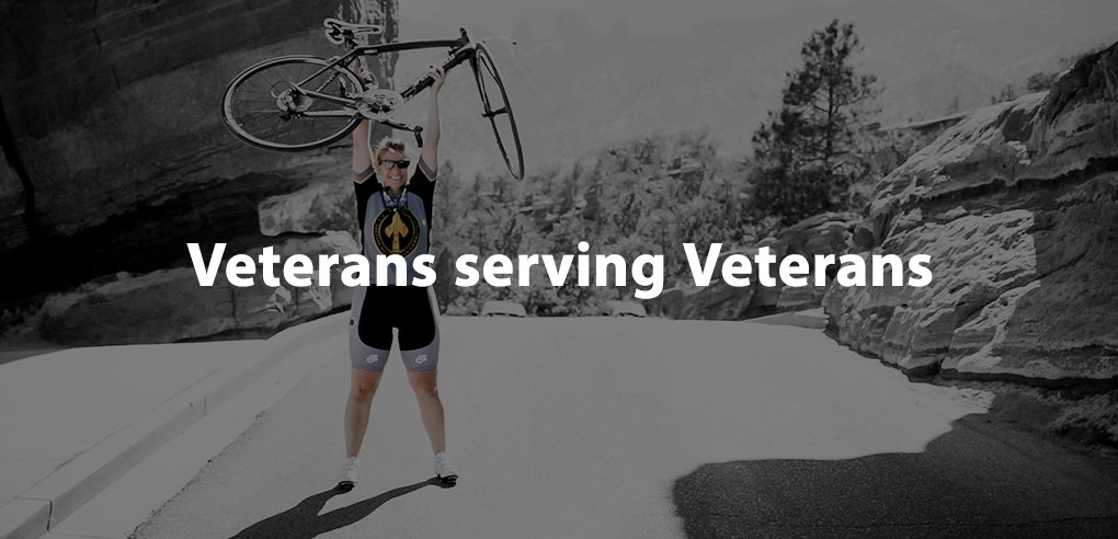 Veterans serving Veterans banner - Woman holding bicycle